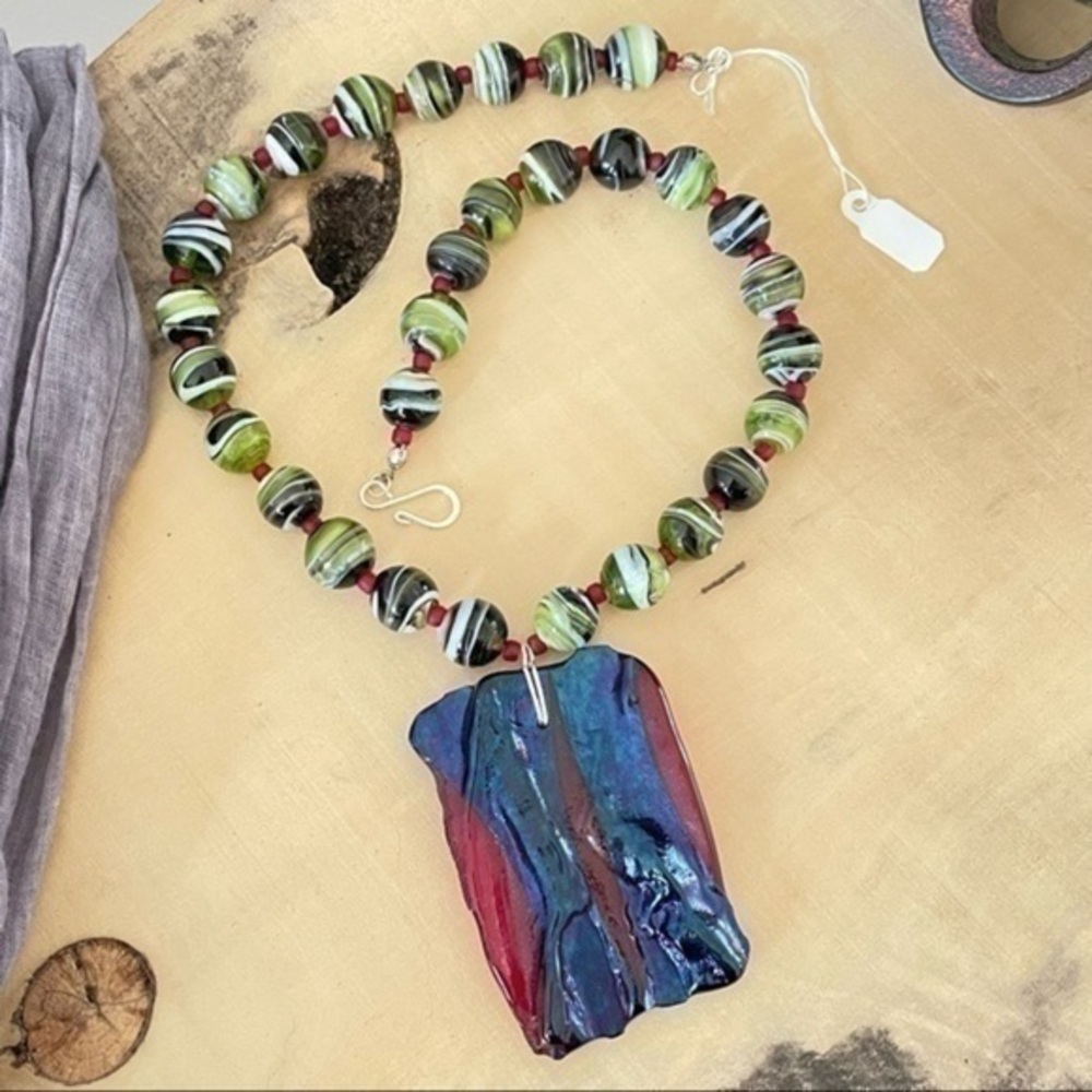 $99 SALE Handmade Iridescent Blue Red Glass Statement Necklace Gift Colorful